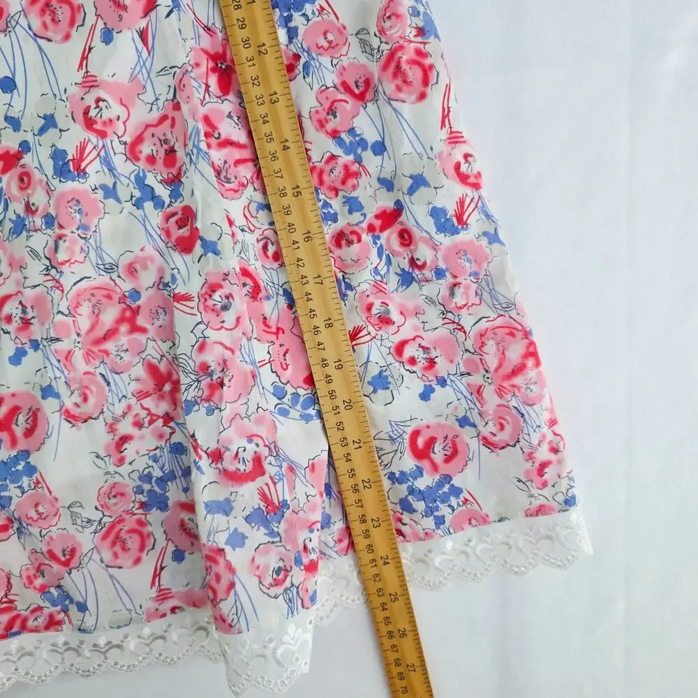 Floral A-Line Skirt Medium White Pink Blue Lace Trim Cottagecore Coquette Girly